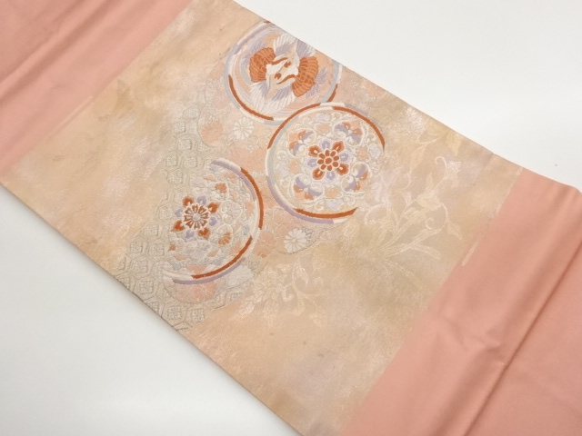 丸文に華紋・鳳凰・花唐草模様織出し名古屋帯